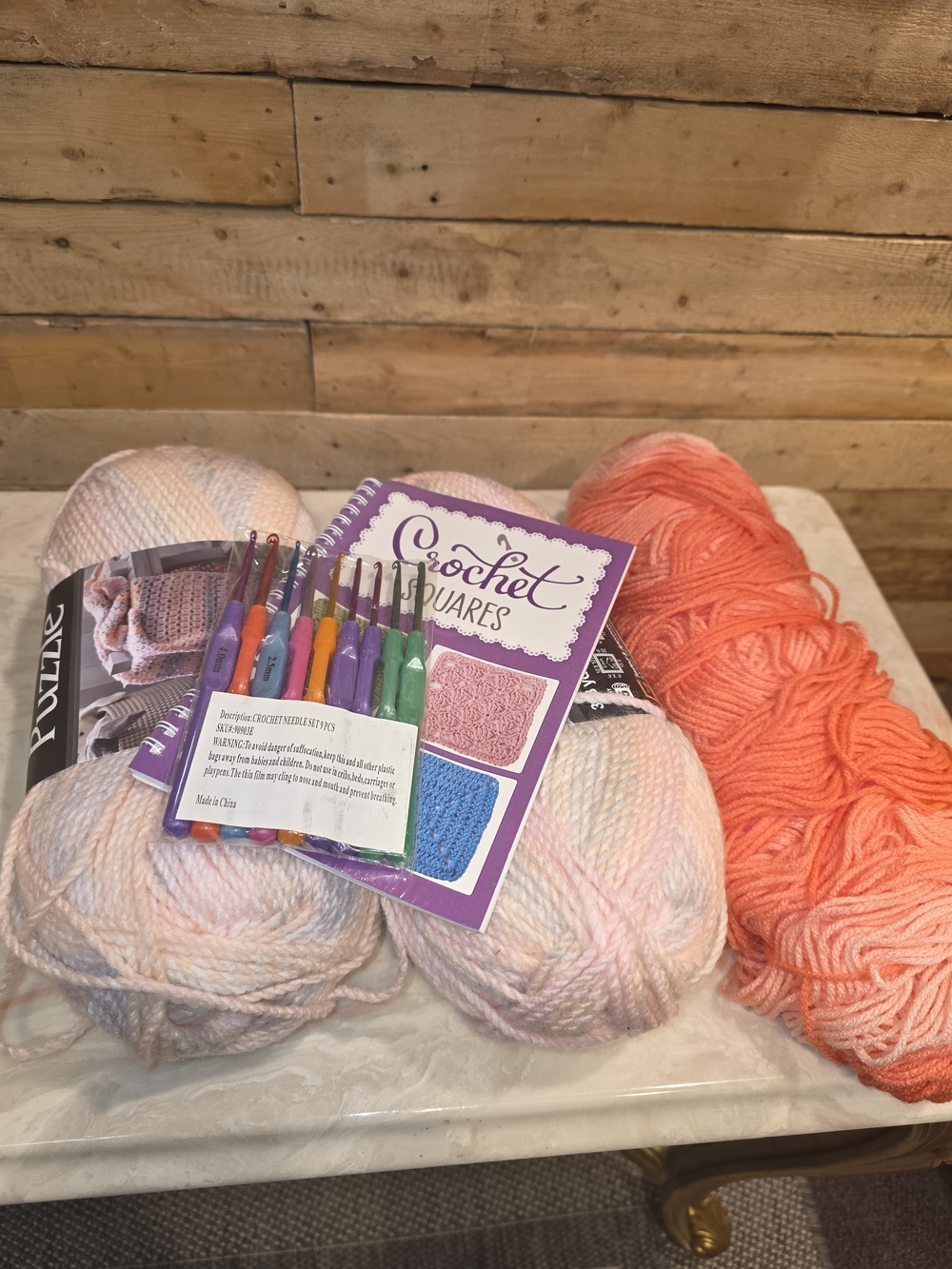 Crochet Kit with Pastel Pink Yarn and Coral Orange Skein